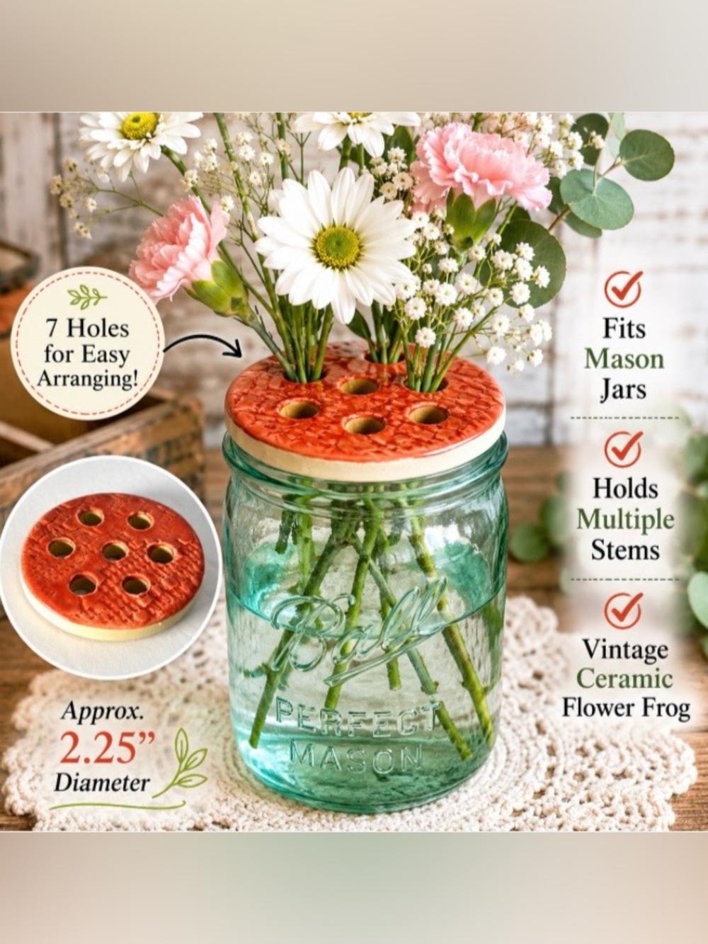 Handmade Pottery Flower Frog Red Drip Glaze Mason Jar Arranger Holder 2.25"